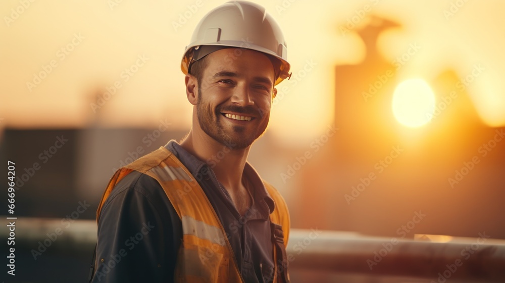 Worker with uniform on construction site during sunset, worker with hard hat smiling happily - obrazy, fototapety, plakaty 