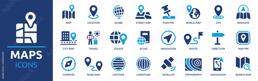 Naklejka premium Map icon set. Containing location, maps, GPS, navigation, city map, atlas, route, direction, pin and more. Vector solid icons collection.