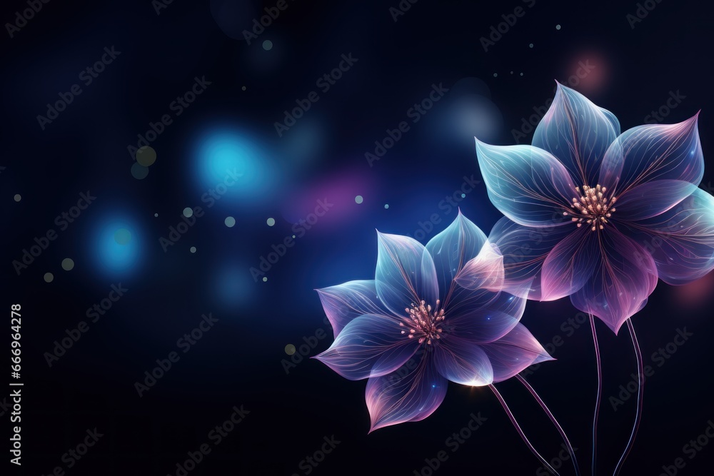 Night Blossoms: Glowing Flowers Illuminated by Night Lights, Set Against a Mysterious Floral Background Night Blossoms: Glowing Flowers Illuminated by Night Lights, Set Against a Mysterious Floral Background