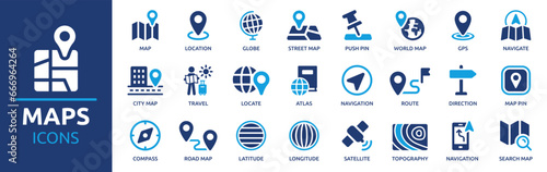 Map icon set. Containing location, maps, GPS, navigation, city map, atlas, route, direction, pin and more. Vector solid icons collection.