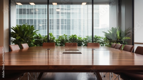 An empty conference room with a polished wooden table