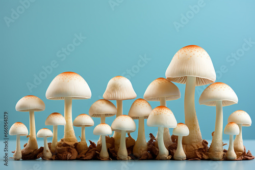 A serene image of a few white mushrooms arranged in a row on a plain surface, embracing simplicity.