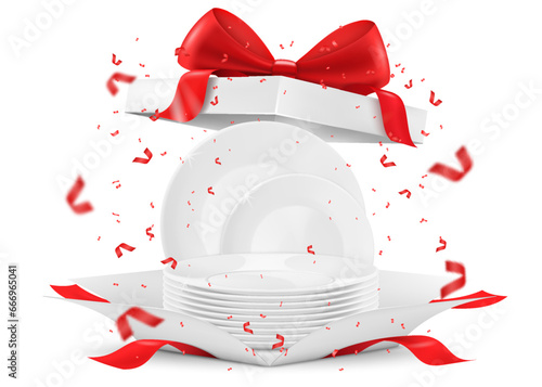 Shiny dishes and porcelain kitchen dinner plates in an open gift box. Present concept. isolated on white background. realistic 3d vector illustration. Advertising banner for kitchen dishes, utensils
