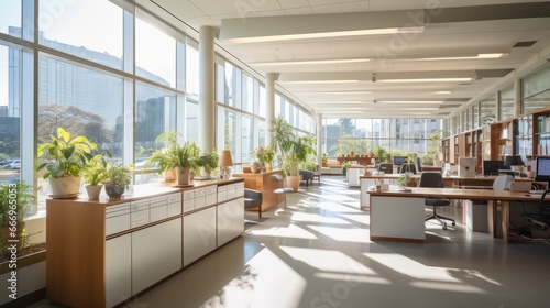 A well-lit office with natural sunlight streaming in