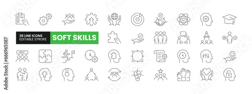 Set of 36 Soft Skills line icons set. Soft Skills outline icons with editable stroke collection. Includes Leadership, Active Listening, Communication, Target, Core Values, and More.