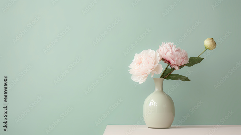 peonies in vase , bohemian aesthetic pastel tones and simplicity floral, blossom, arrangement, decoration, ,wedding theme background, interior design concept. - obrazy, fototapety, plakaty 