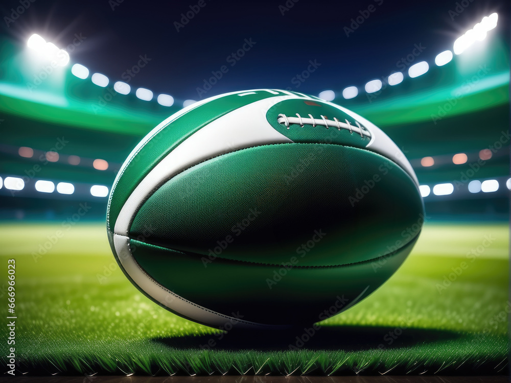 rugby ball on green grass field, illuminated night stadium in background rugby ball on green grass field, illuminated night stadium in background
