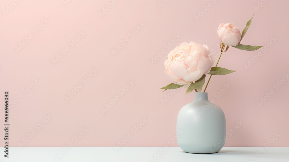 peonies in vase , bohemian aesthetic pastel tones and simplicity floral, blossom, arrangement, decoration, ,wedding theme background, interior design concept.