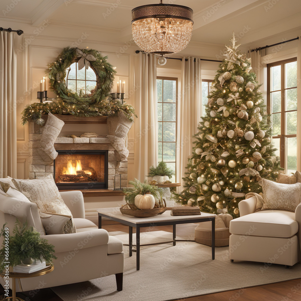 a living room filled with furniture and a christmas tree, a digital rendering, photorealistic a living room filled with furniture and a christmas tree, a digital rendering, photorealistic