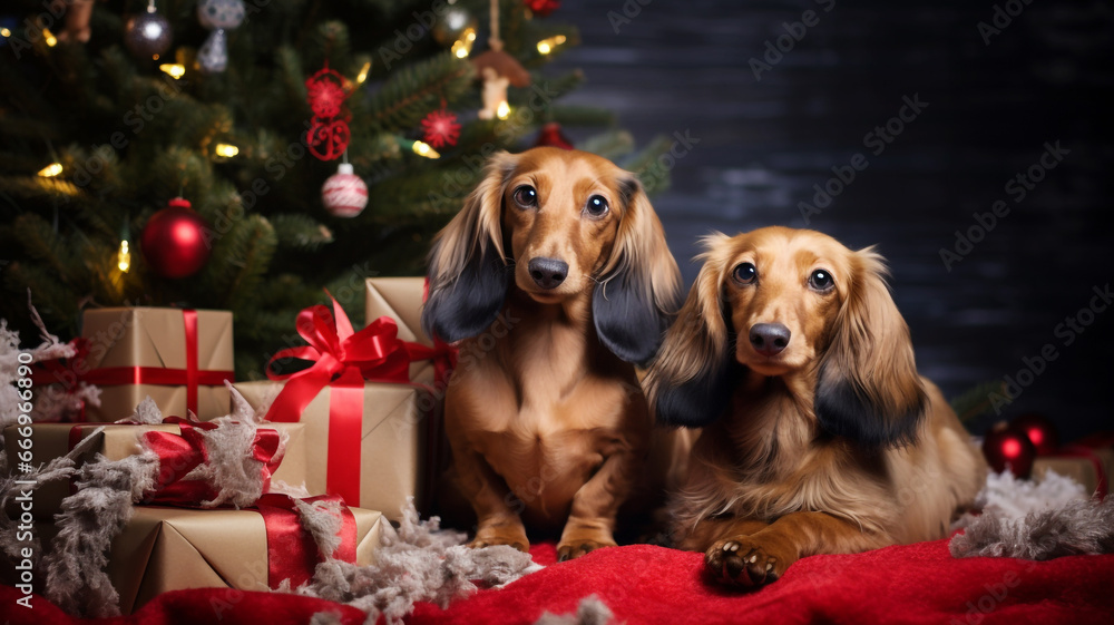 Dachshunds with wrapped Christmas presents