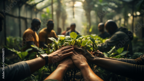 Volunteers hands together with a green plant. photo