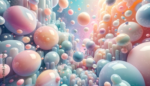 Mesmerizing hues of oddly satisfying squishy spheres dance within a whimsical cloud, evoking a sense of playful wonder with each balloon-like bounce