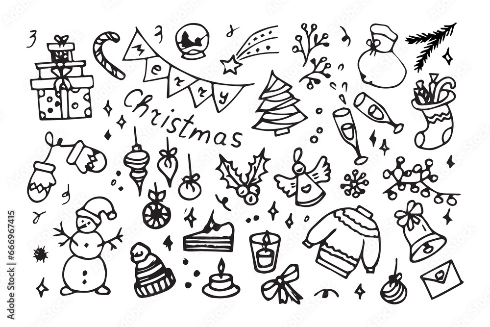 New Year's set in doodle style. New year in sketch style. Vector illustration isolated on white background