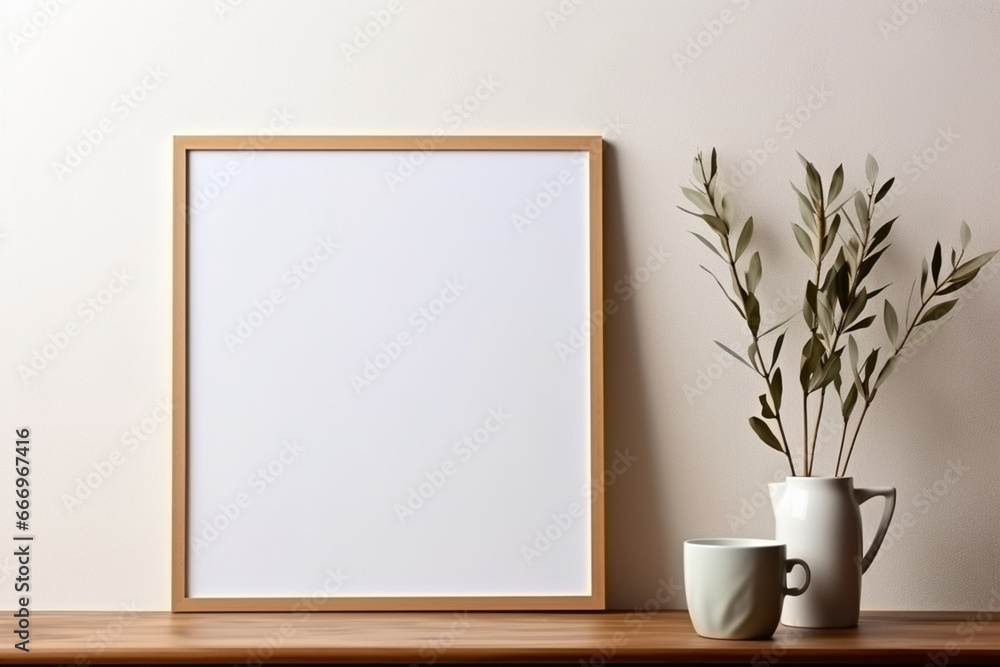 Empty wooden picture frame mockup hanging on beige wall background, Boho shaped vase, dry flowers on table, Cup of coffee, old books, Working space, home office, Art, poster display, Modern interior Empty wooden picture frame mockup hanging on beige wall background, Boho shaped vase, dry flowers on table, Cup of coffee, old books, Working space, home office, Art, poster display, Modern interior