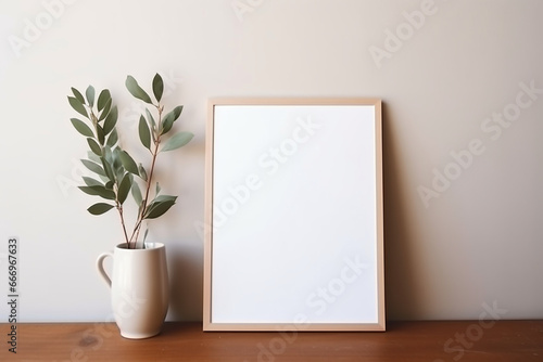 Empty wooden picture frame mockup hanging on beige wall background, Boho shaped vase, dry flowers on table, Cup of coffee, old books, Working space, home office, Art, poster display, Modern interior