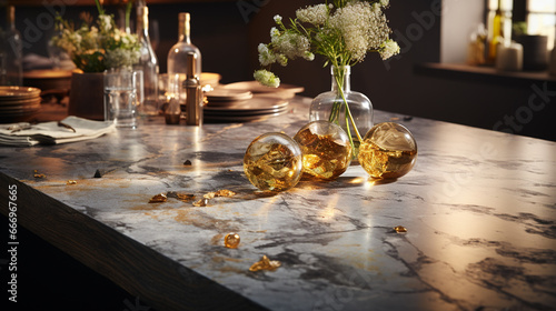 Marble counter tabletop in kitchen.