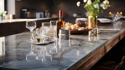 Marble counter tabletop in kitchen.