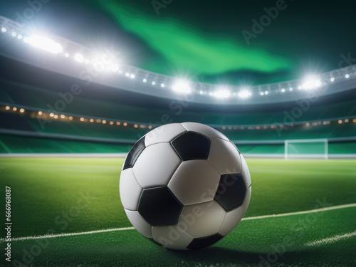 Soccer ball on green grass field, illuminated night stadium in background