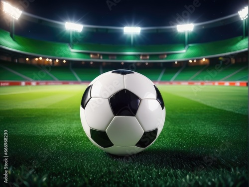 Soccer ball on green grass field, illuminated night stadium in background © magr80