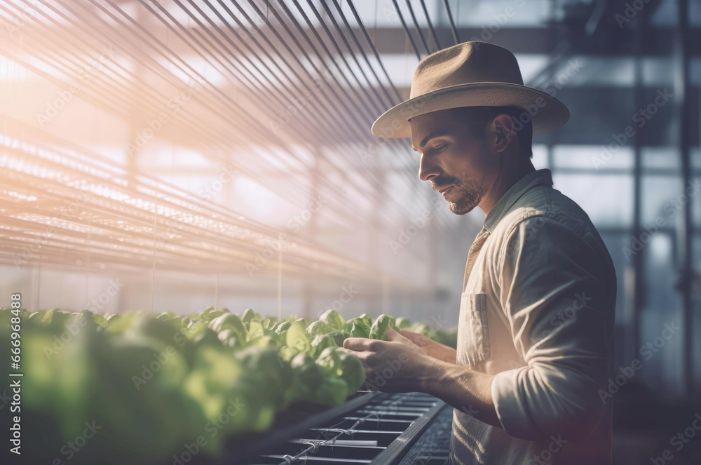 Farmer growing microgreens in greenhouse. Gardener monitoring growth of organic plants. Generate ai Farmer growing microgreens in greenhouse. Gardener monitoring growth of organic plants. Generate ai