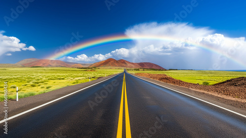 Asphalt road and a rainbow above it, in a desert landscape. Generated AI