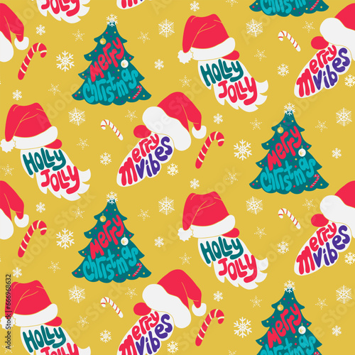 Christmas retro groovy lettering seamless pattern with Santa Claus silhouettes and Christmas trees. Hand drawn lettering Merry Vibes  Holly Jolly  Merry Christmas in flat minimalistic style