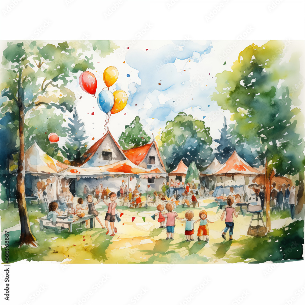 Watercolor of many kids in happy new year celebration party. 
Boys and Girls in the garden for child's party