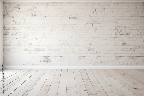 Empty interior vintage room with white brick wall and white wood