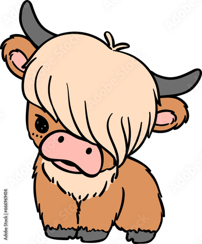 Baby highland cow sitting, animal cartoon hand drawing, mini cow