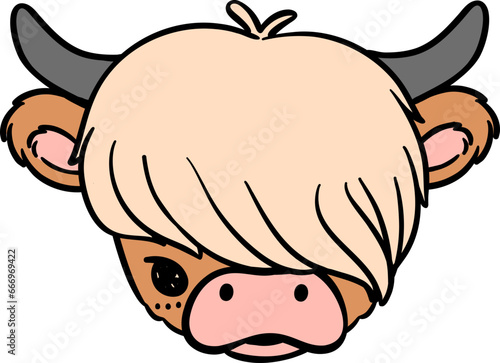 Baby highland cow, animal cartoon hand drawing, mini cow