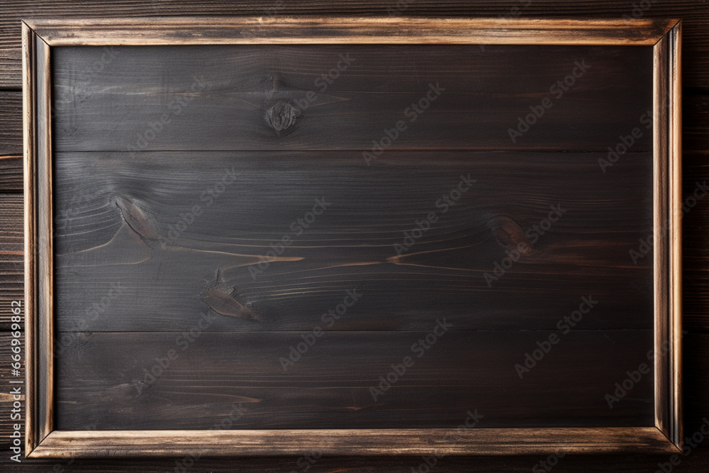 Empty blank black chalkboard with wooden border frame on crack wooden background Empty blank black chalkboard with wooden border frame on crack wooden background