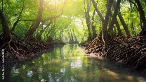 Mangrove forest in summer. River in wild jungle.