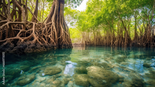 Mangrove trees along the turquoise green water in the stream. mangrove forest.