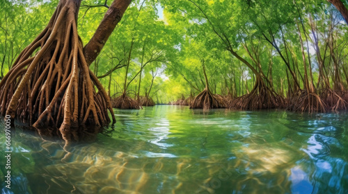 Mangrove trees along the turquoise green water in the stream. mangrove forest. photo