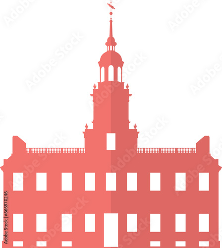 Simple red flat drawing of the American historical landmark monument of the INDEPENDENCE HALL, PHILADELPHIA