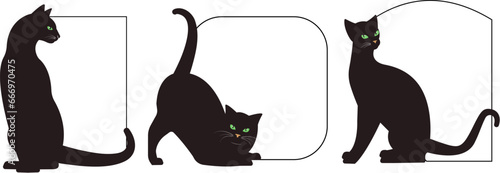 Black cat silhouette with green eyes poster set. Template with cute pet animals and blanc space for text. Pet shop, grooming studio, animal care placard design. Cat tag, sticker, postcard.