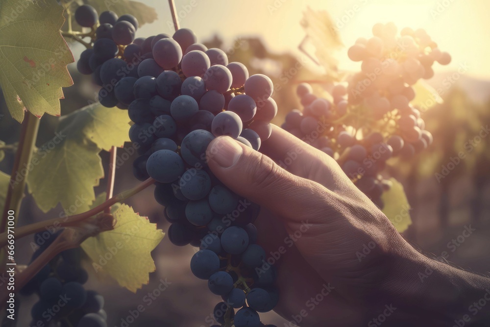 Male hand holding grape fruit. Winery farmer picking ripe grape crop. Generate ai