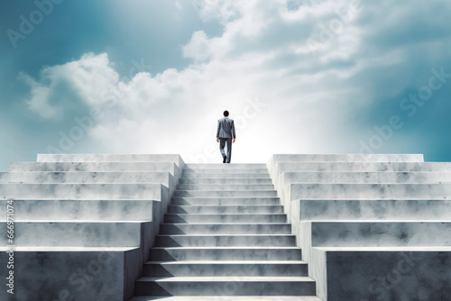 Ambitions concept. Businessman ascending stairs. Man in a suit climbing up the stairs to show ambition concept and improvement with hard work. photo