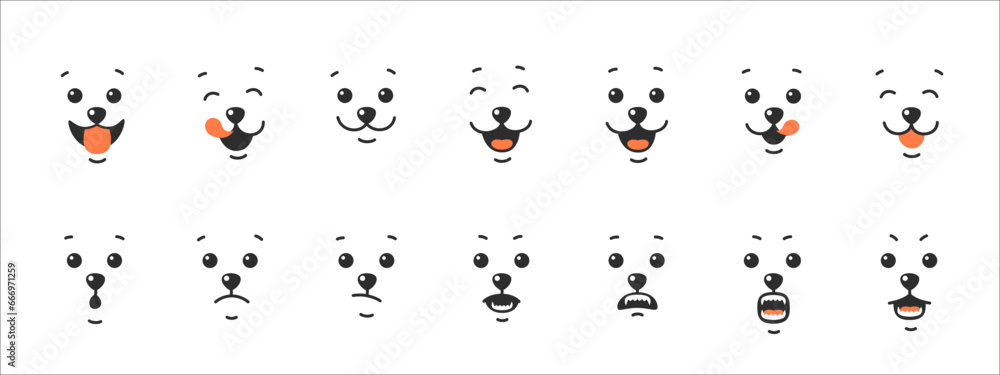 Various animal face, different emotions.  Dog tongue lick mouth. Happy, angry and sad dog face. Vector illustration isolated on white background.
 - obrazy, fototapety, plakaty 
