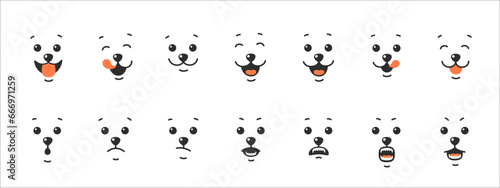 Various animal face, different emotions.  Dog tongue lick mouth. Happy, angry and sad dog face. Vector illustration isolated on white background.
