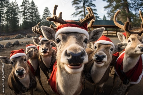 a group of Christmas deer in a New Year's costume takes a selfie humor
