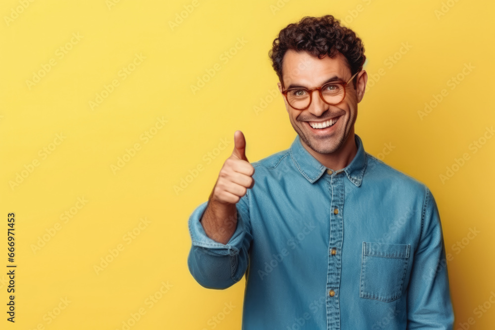 Portrait of handsome cheerful young businessman pointing at something. Professional young man in a suit on yellow background making hand gesture. Portrait of handsome cheerful young businessman pointing at something. Professional young man in a suit on yellow background making hand gesture.