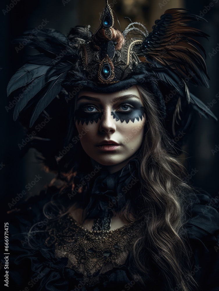 Portrait of woman with bird feather jewellery in dark tone