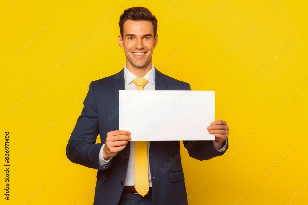 Portrait of handsome cheerful young businessman pointing at blank white placard. Professional young man in a suit on yellow background. Portrait of handsome cheerful young businessman pointing at blank white placard. Professional young man in a suit on yellow background.