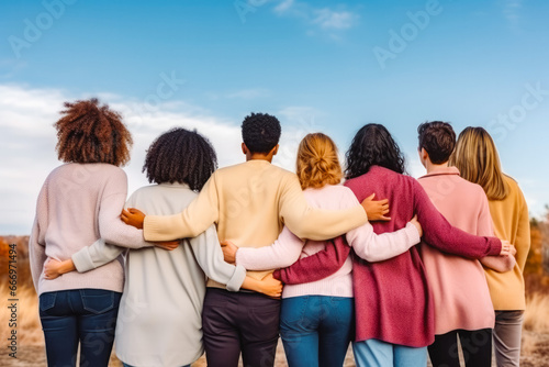 Rear view of young group of happy multiracial friends hugging. Group of friends supporting each other and acceptance concept. photo