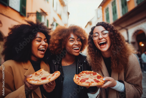 Three young multi racial women laughing and eating pizza together in a city. Girls on a road trip in Italy having fun and enjoying life.