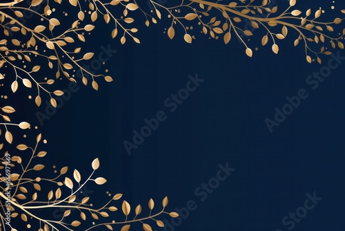 golden elegant Christmas ornament on blue background with copy space.Greeting Christmas card