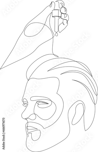 Continuous one line drawing of a hand holding an hair care oil dropper near a young guy head. Hair loss treatment minimal concept. Pipette with medicine for alopecia and baldness.