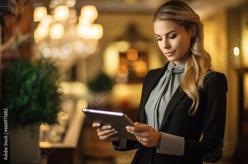 Efficient Female Waiter Using Tablet to Take Restaurant Order. Generative ai
