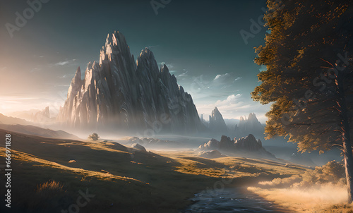 Mystical mountain landscape, atmospheric epic magical mountains, fantasy movie style game, Generative AI